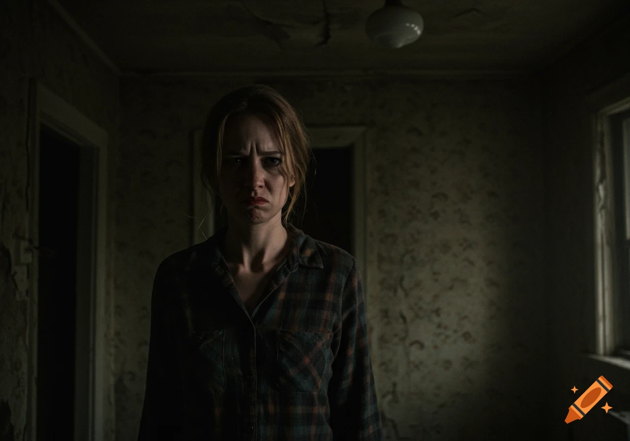 A woman with a dramatic frown stands in a dark, decrepit room with peeling wallpaper, evoking a horror aesthetic.