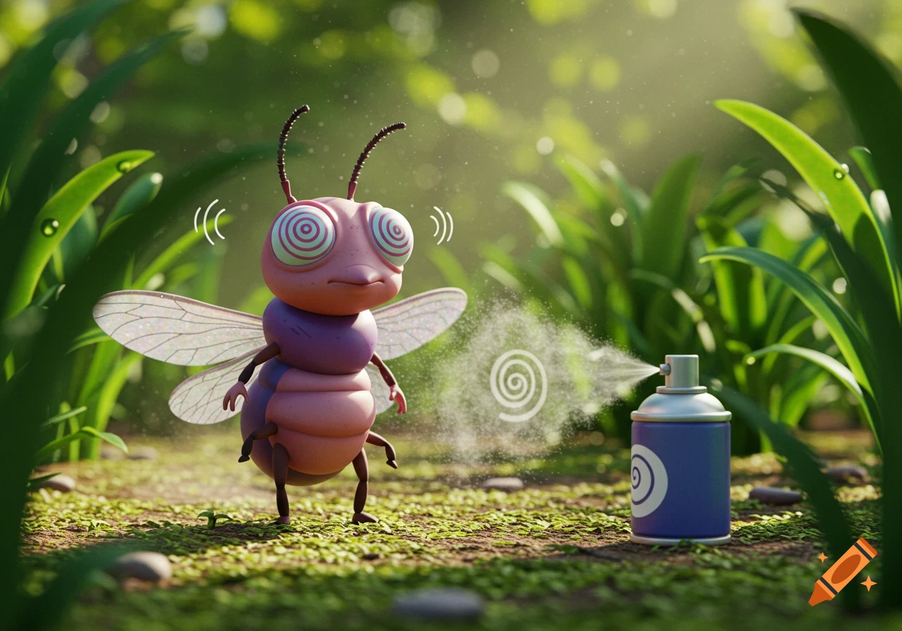 A cartoon bug with spiral eyes looks woozy as it's sprayed by an insect repellent can in a grassy outdoor setting.