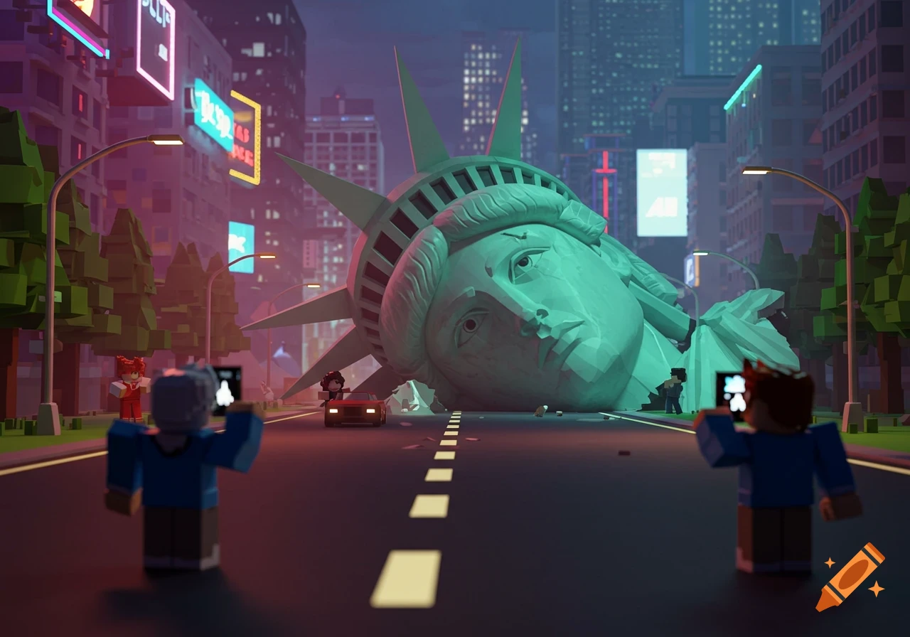 A blocky, voxel-style city scene with the head of the Statue of Liberty fallen on a road, while Roblox-like characters take photos.