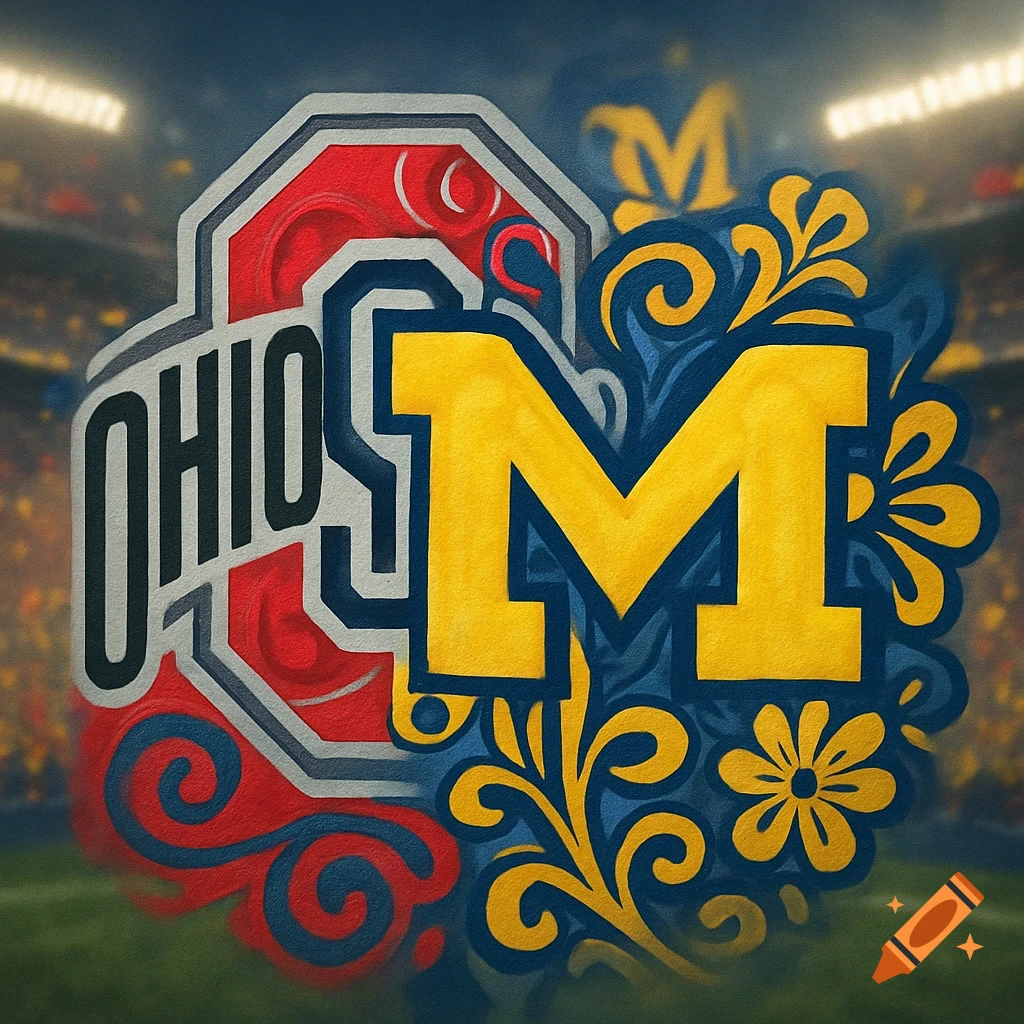 A stylized merge of the Ohio State 'OHIO ST' logo and the Michigan 'M' logo, adorned with floral patterns in school colors against a stadium background.