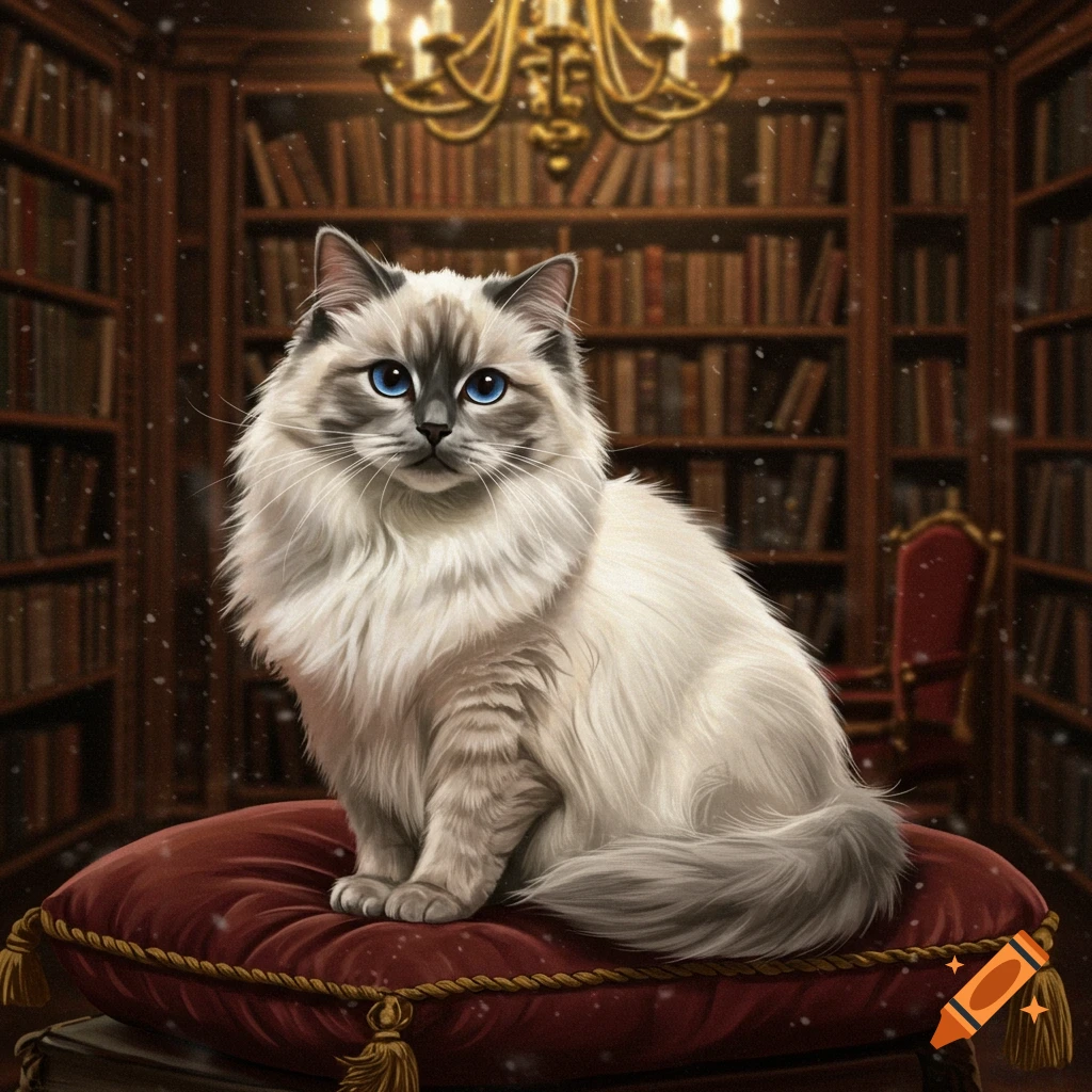 Fluffy Ragdoll cat with blue eyes on a red cushion in a snowy, lamp-lit library with bookshelves.