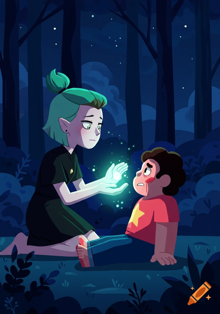 Amity Blight kneels, healing an injured Steven Universe with glowing light in a dark, cartoon forest at night.