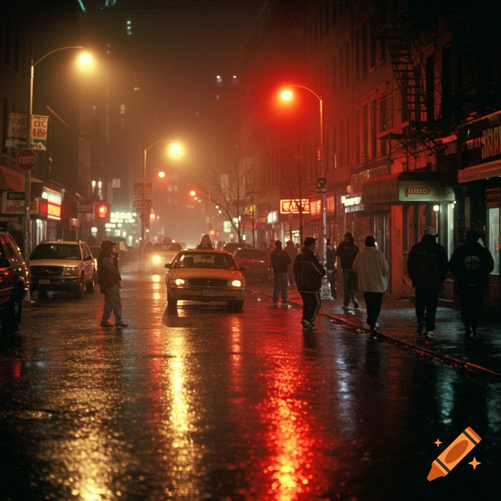 A dark, rainy city street at night with people walking, cars, and a yellow taxi under red and amber streetlights, in a grungy 1990s vintage style.