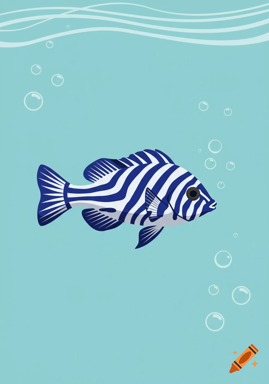 An illustration of a blue and white striped fish swimming in light blue water with bubbles and waves.