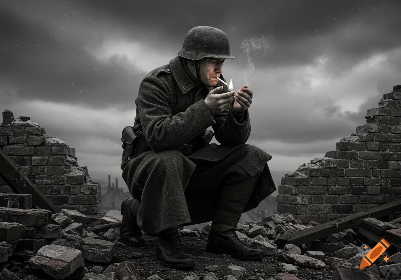 A photorealistic black and white image of a World War I soldier squatting among rubble, lighting a cigarette.