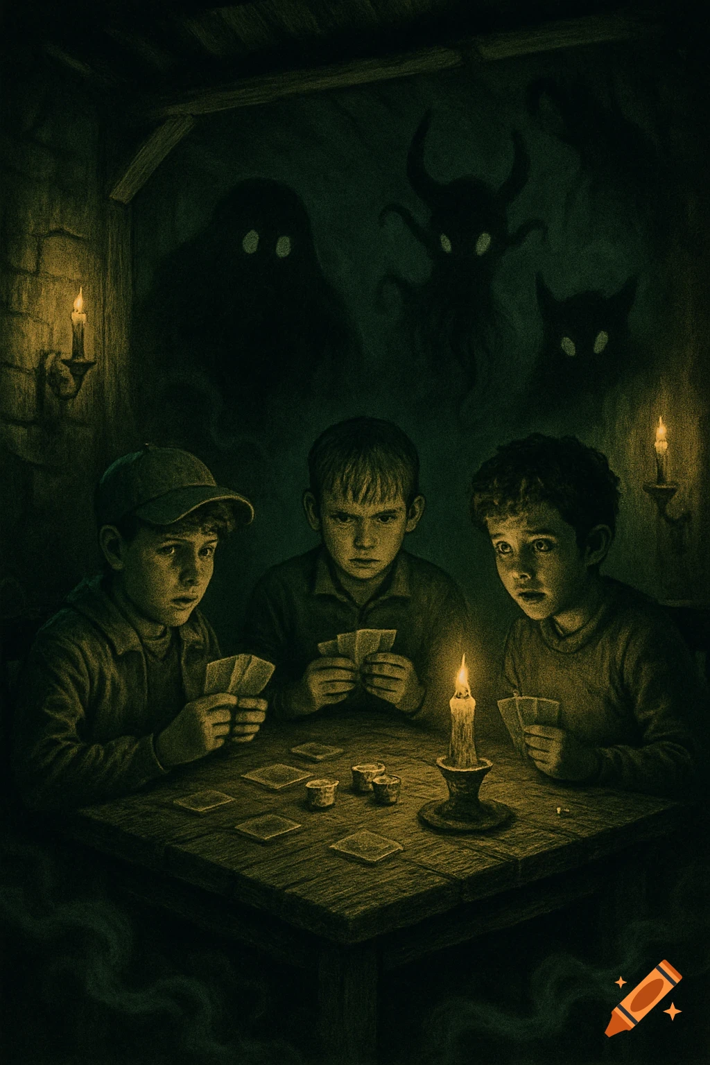 Three boys play cards by candlelight in a dark, spooky room while shadowy monsters lurk in the background, in an eerie illustration style.