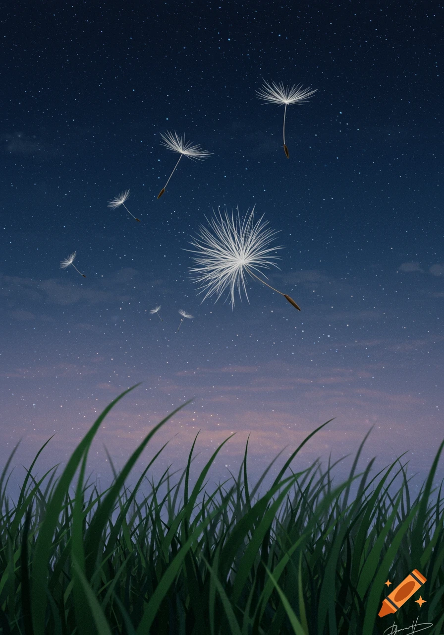 Dandelion seeds float upwards over green grass against a starry, twilight sky.