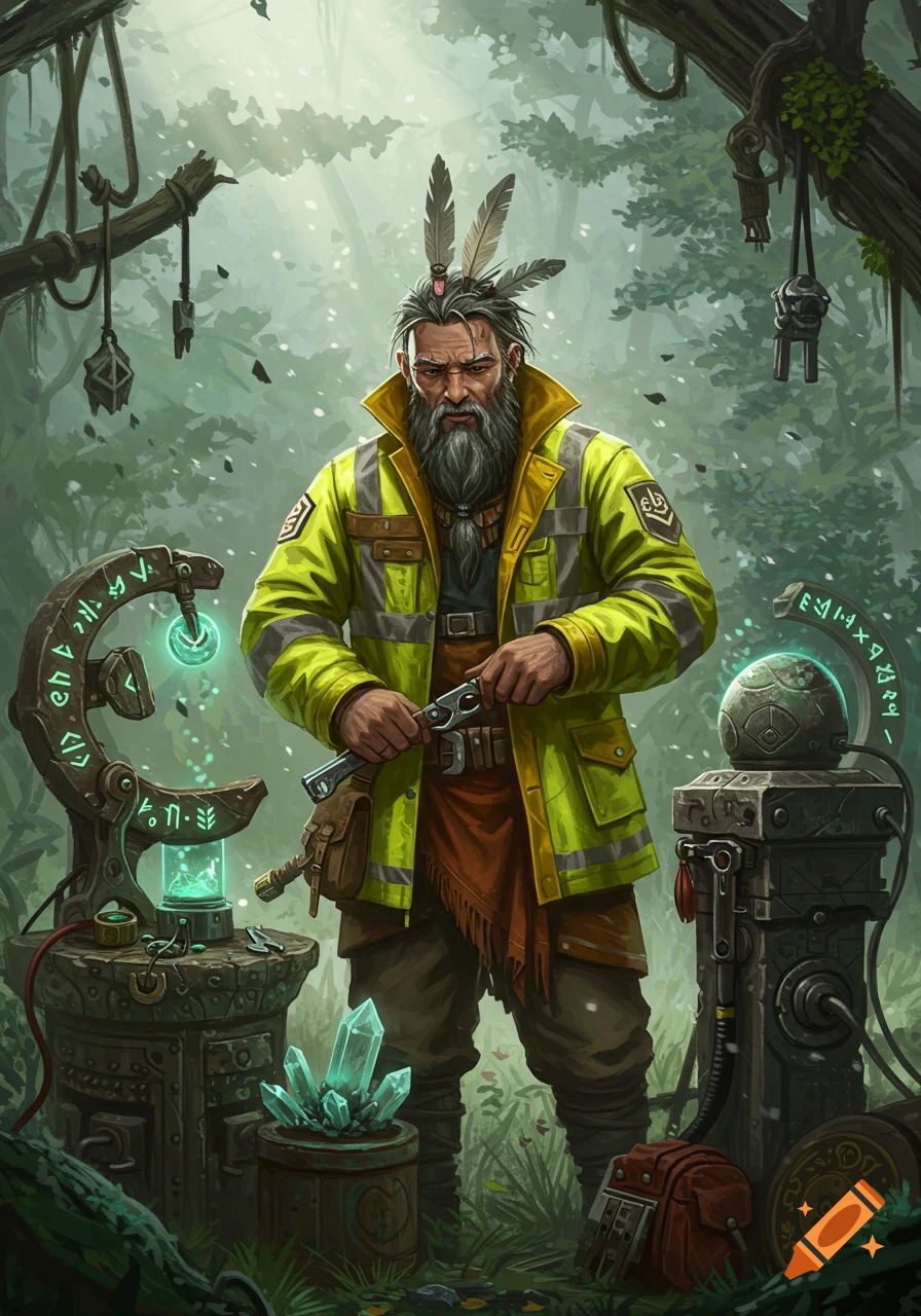 A bearded man with feathers in his hair and a hi-viz jacket, holding pliers in a magical forest workshop with glowing devices and crystals.