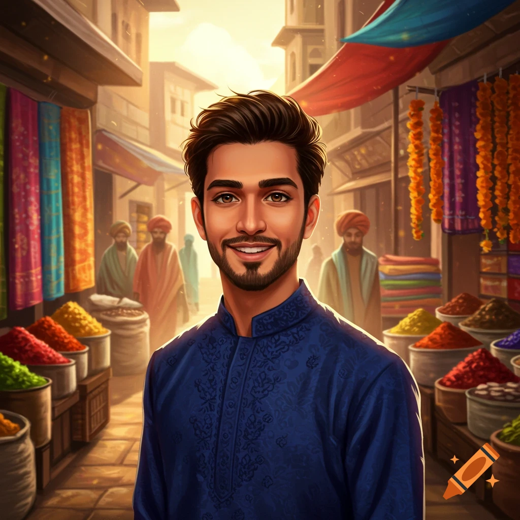 Stylized illustration of a smiling man in a blue kurta at a vibrant Indian market with spices and fabrics.