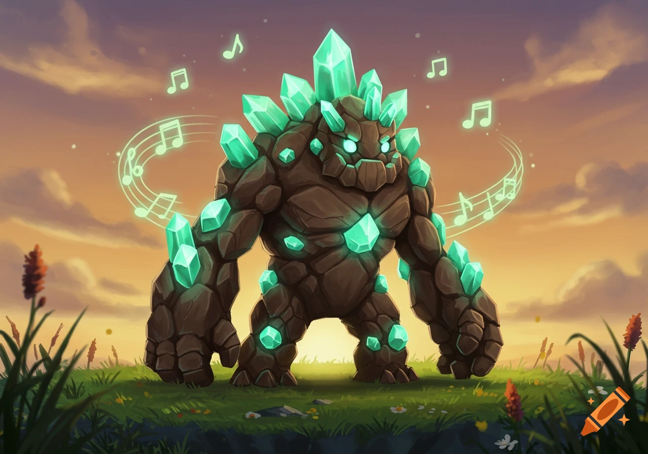 A cartoonish brown rock monster with glowing teal crystals, surrounded by musical notes, stands in a grassy field at sunset.