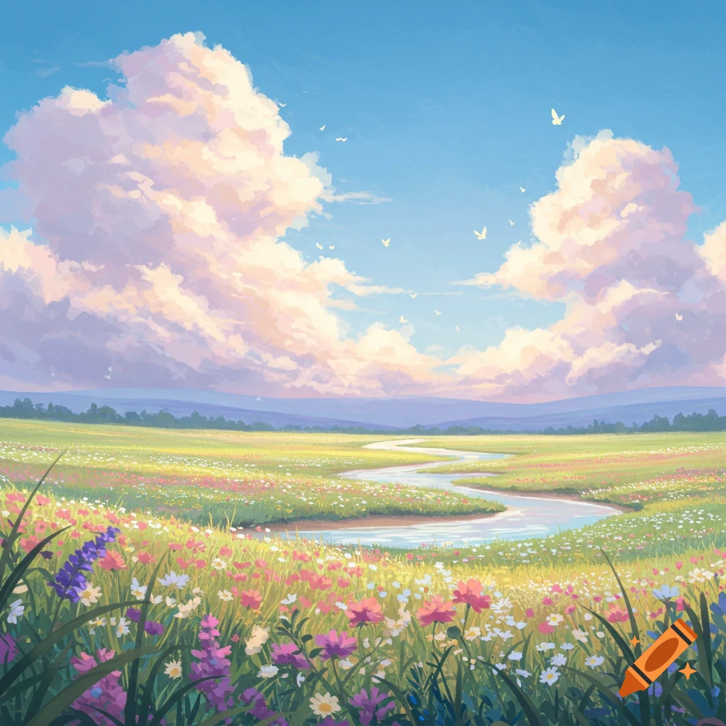 A vibrant, serene meadow with colorful wildflowers, a winding river, and large fluffy clouds under a clear blue sky, in an illustrative style.