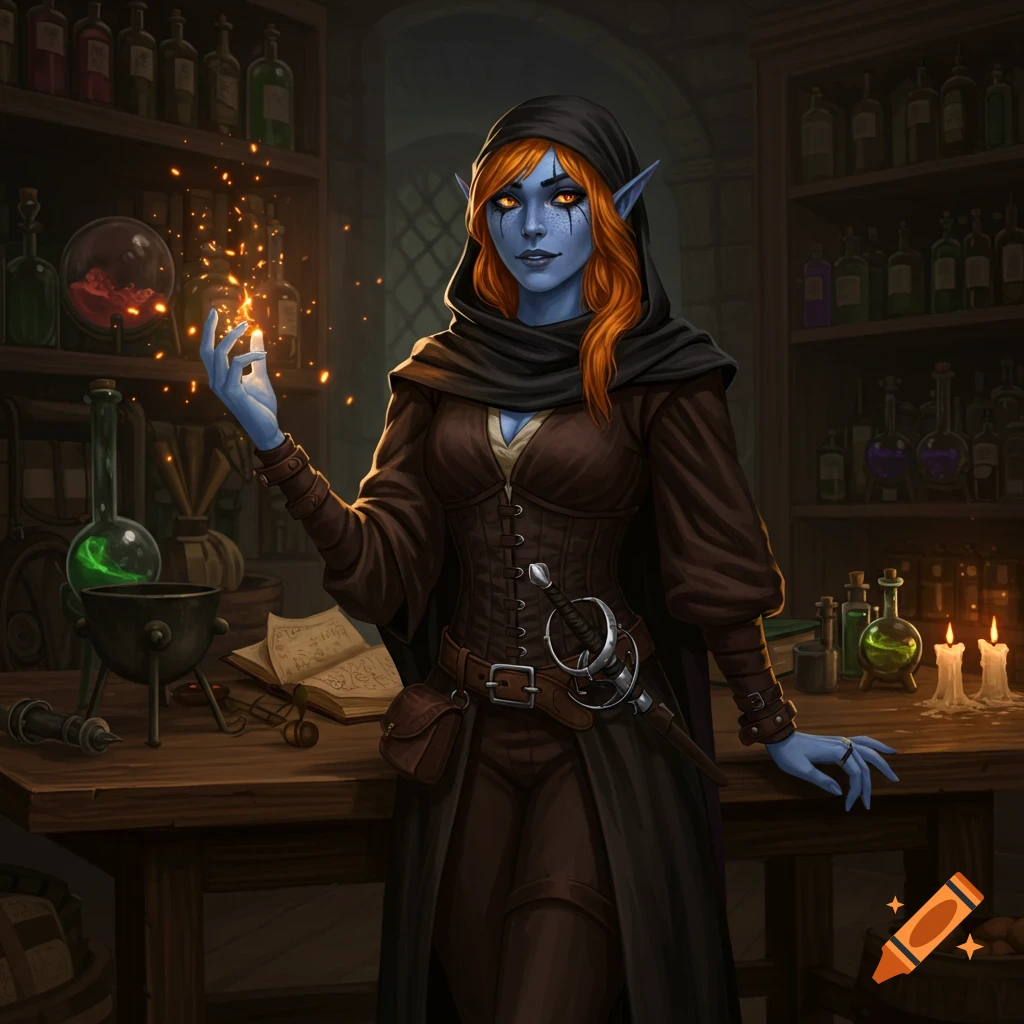 A blue-skinned dark elf woman with orange hair, wearing a black cloak and corset, casting sparks from her hand in an alchemy shop.