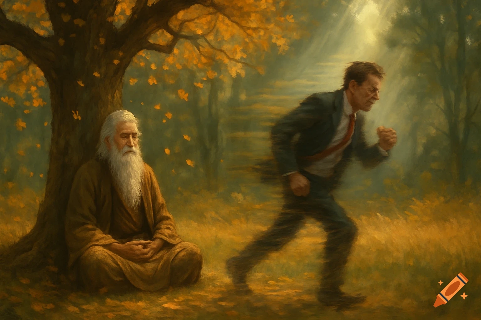 A painting of a calm old man meditating under a tree while a blurred businessman runs past through autumn leaves.