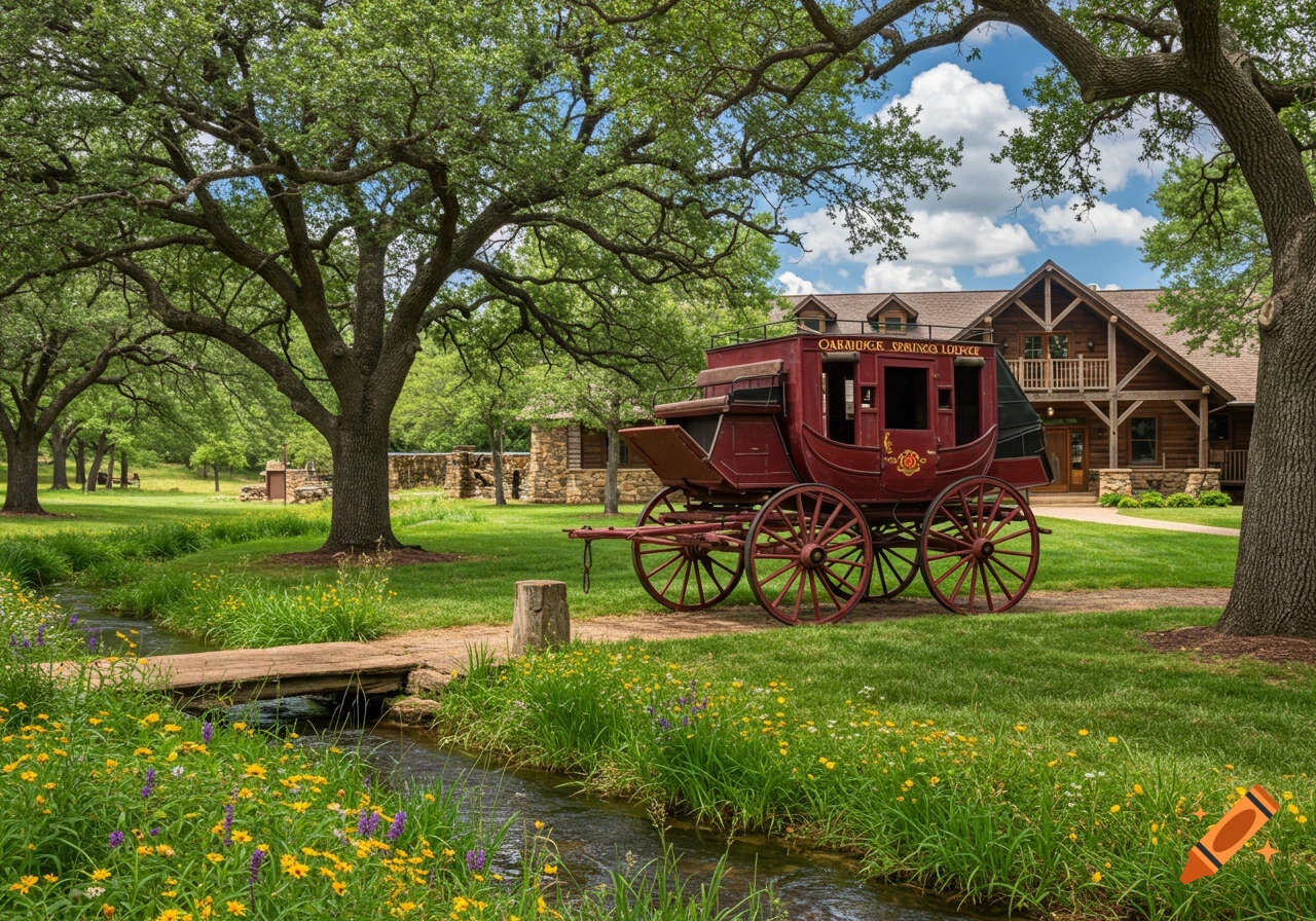 Photorealistic image of a vintage red stagecoach on a green lawn in front of a rustic wooden lodge, with a stream and wildflowers.