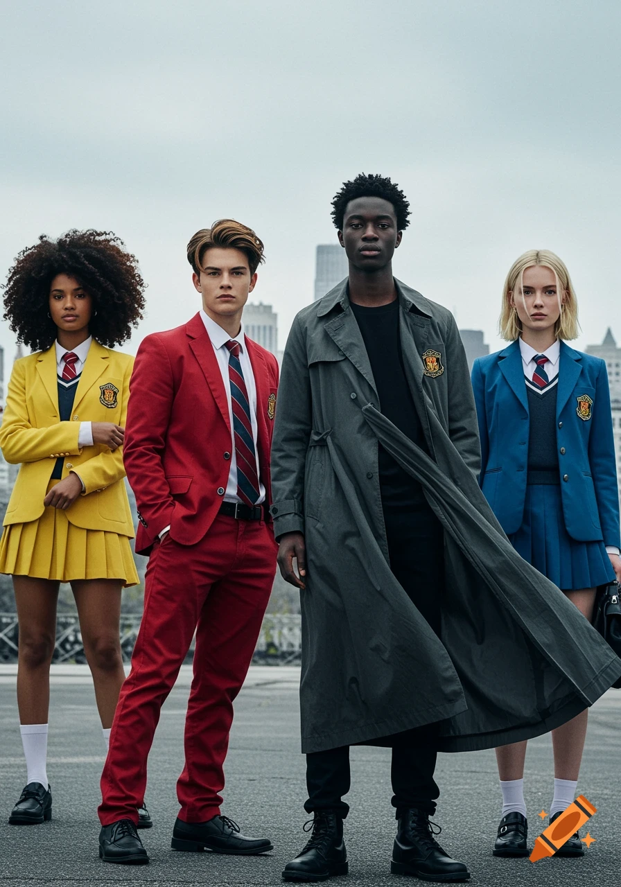 Four young people in colorful school uniforms stand outdoors with a city skyline in the background.