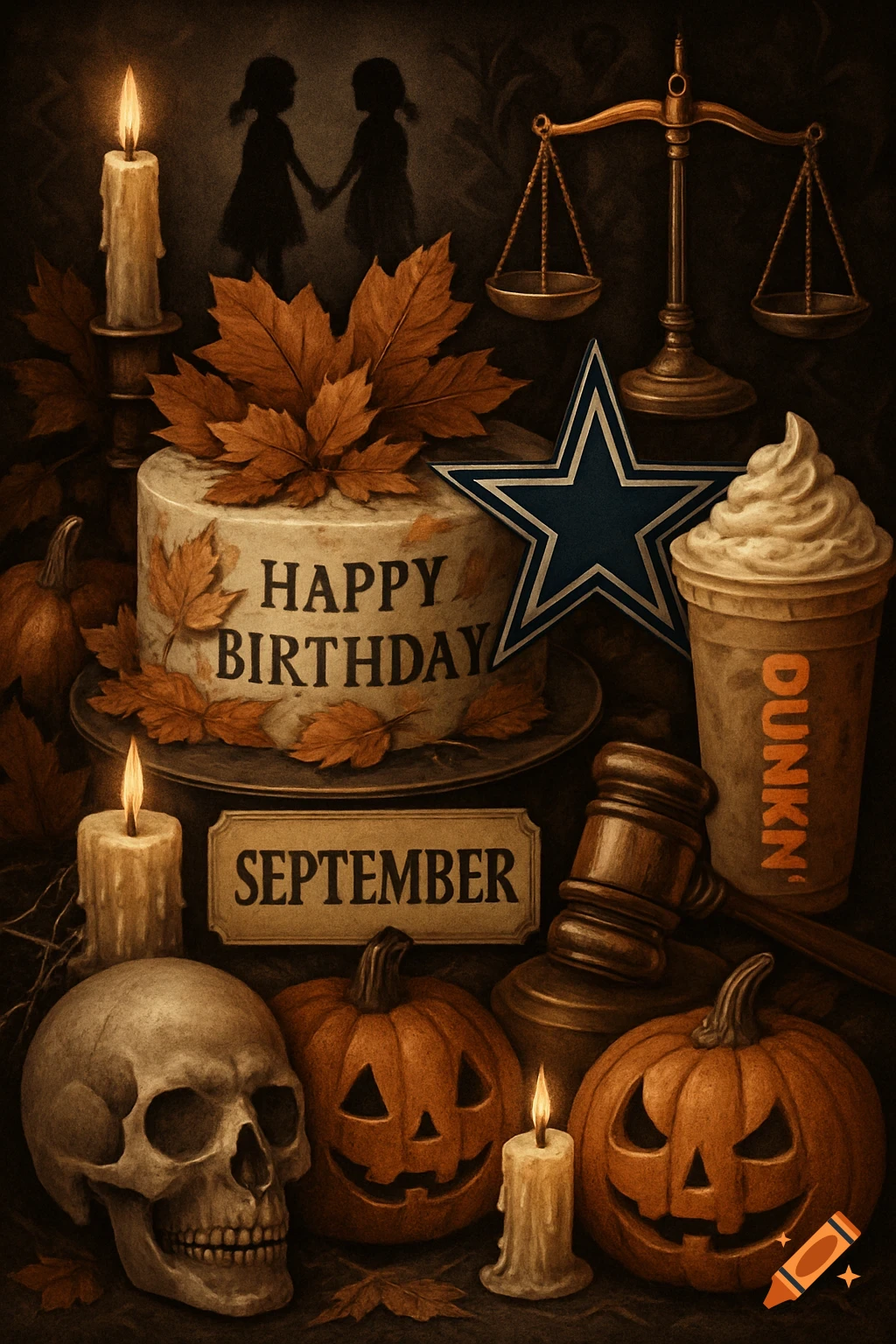 A dark gothic-style collage with a birthday cake, autumn leaves, Halloween pumpkins, a skull, candles, a Dallas Cowboys logo, and a Dunkin cup.