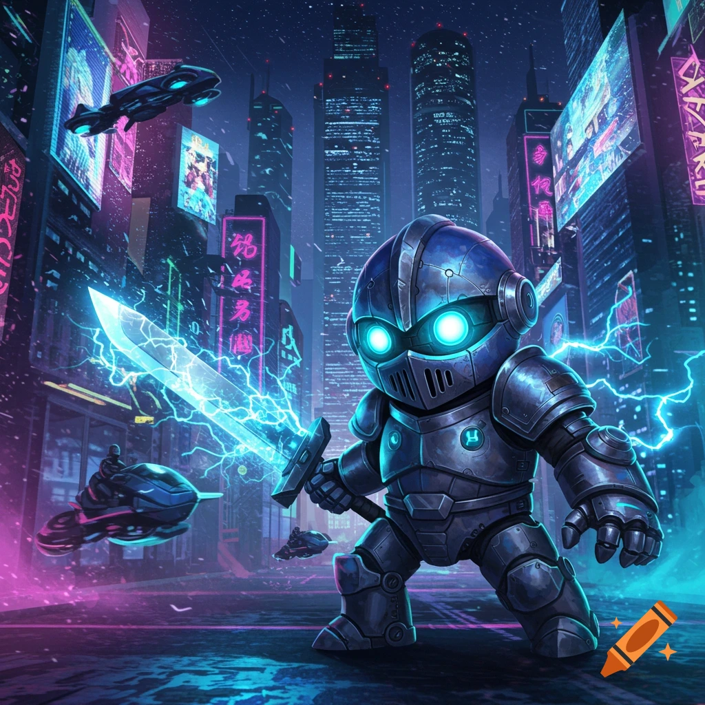 A stylized armored robot knight with glowing eyes and sword stands in a neon-lit cyberpunk city with flying vehicles.