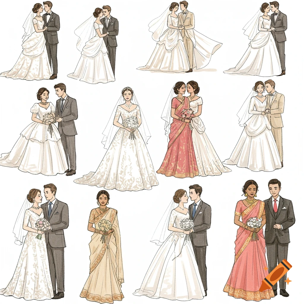 Multiple illustrated sketches of diverse bridal couples posing on a white background, featuring various wedding attire.