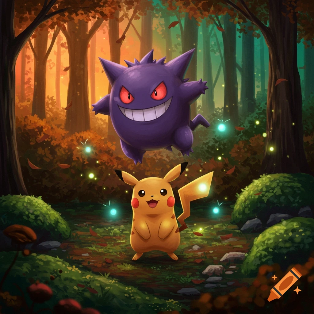Gengar floats above Pikachu in a vibrant autumn forest with glowing fireflies.
