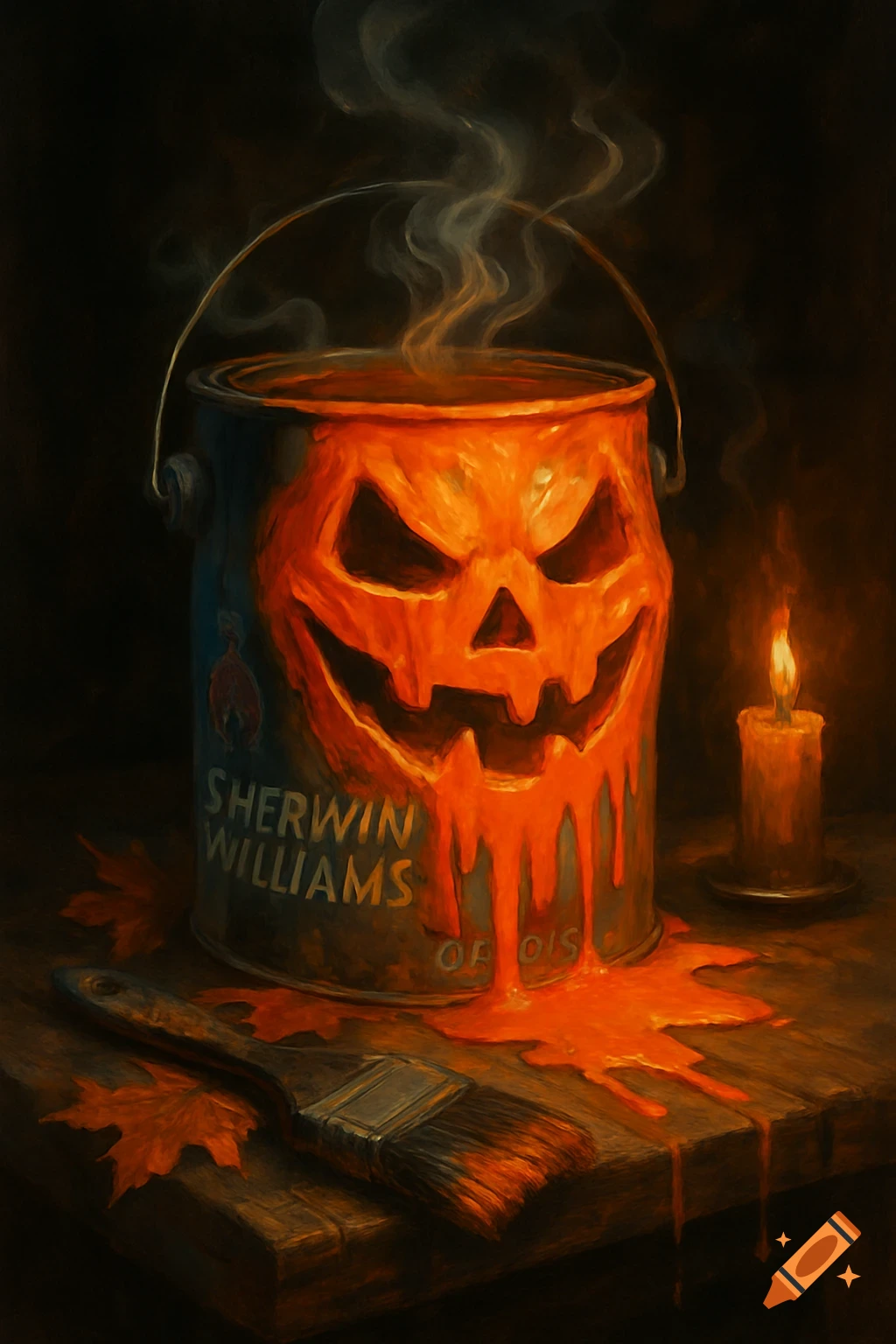 Painterly Halloween still life of a Sherwin-Williams paint can carved like a jack-o-lantern, paint dripping onto a wooden surface with a brush and candle.
