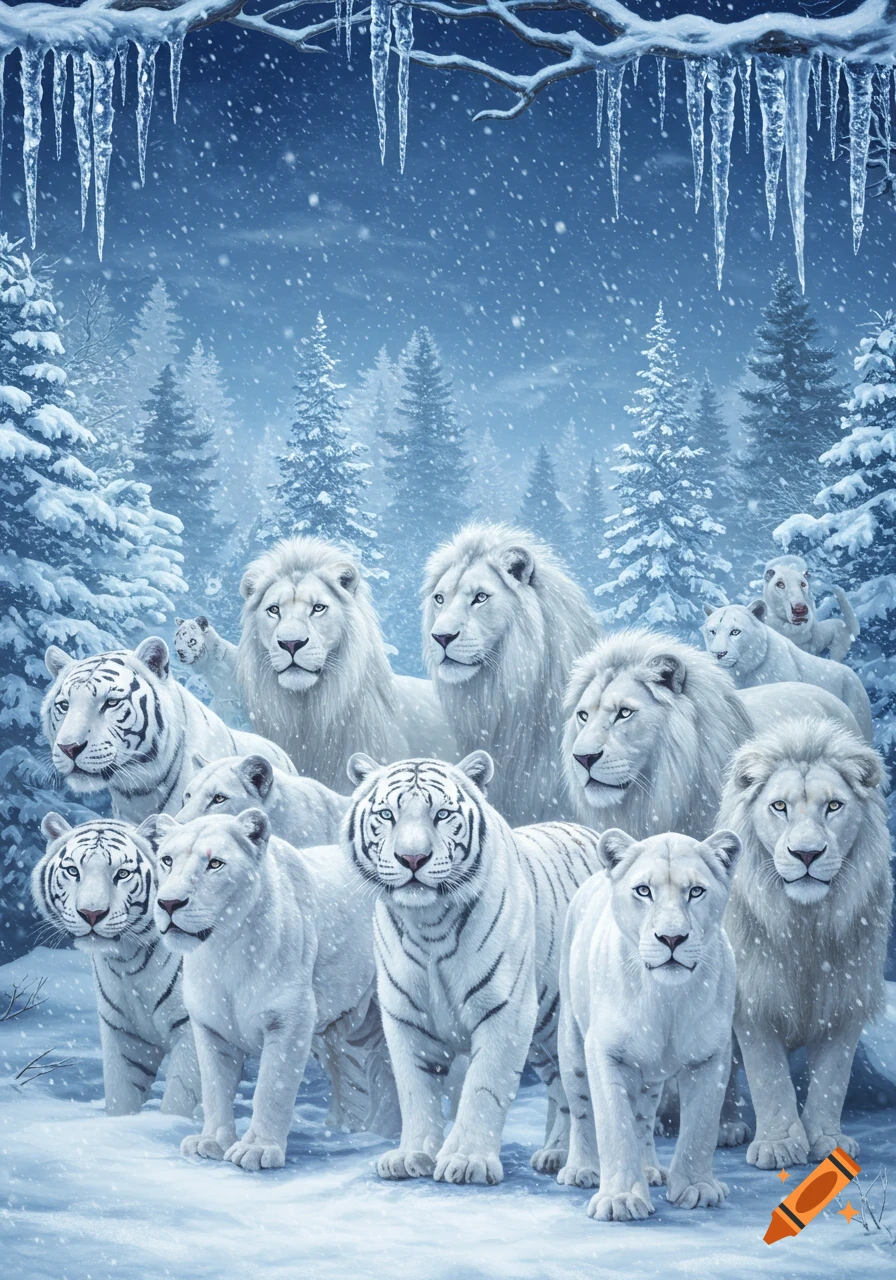 A large group of white lions and white tigers stand together in a snowy forest, with falling snow and icicles.