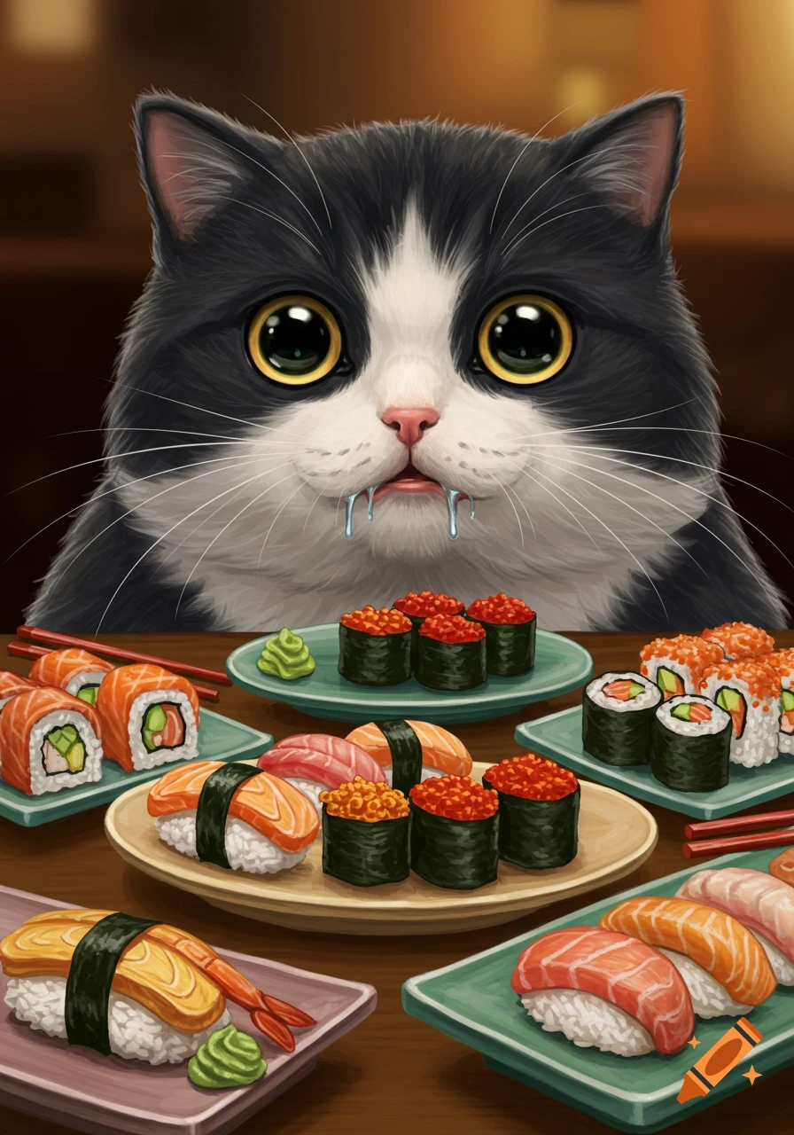 An illustrated black and white cat with huge golden eyes drools over multiple plates of colorful sushi on a wooden table.