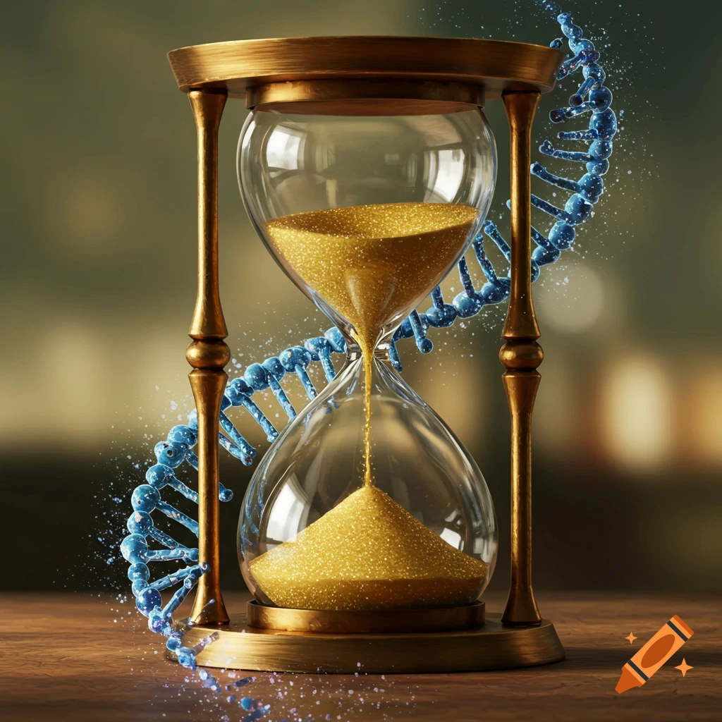 A golden hourglass with glittering sand pouring through, intertwined with a glowing blue DNA double helix. Photorealistic style.