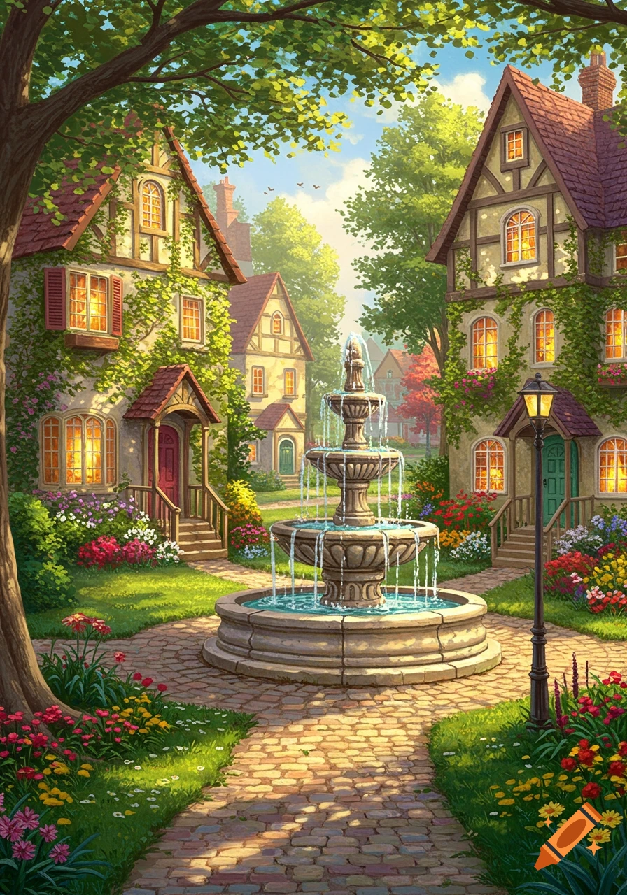Vibrant illustration of a quaint village square with houses, a tiered water fountain, and colorful flowers under a sunny sky.