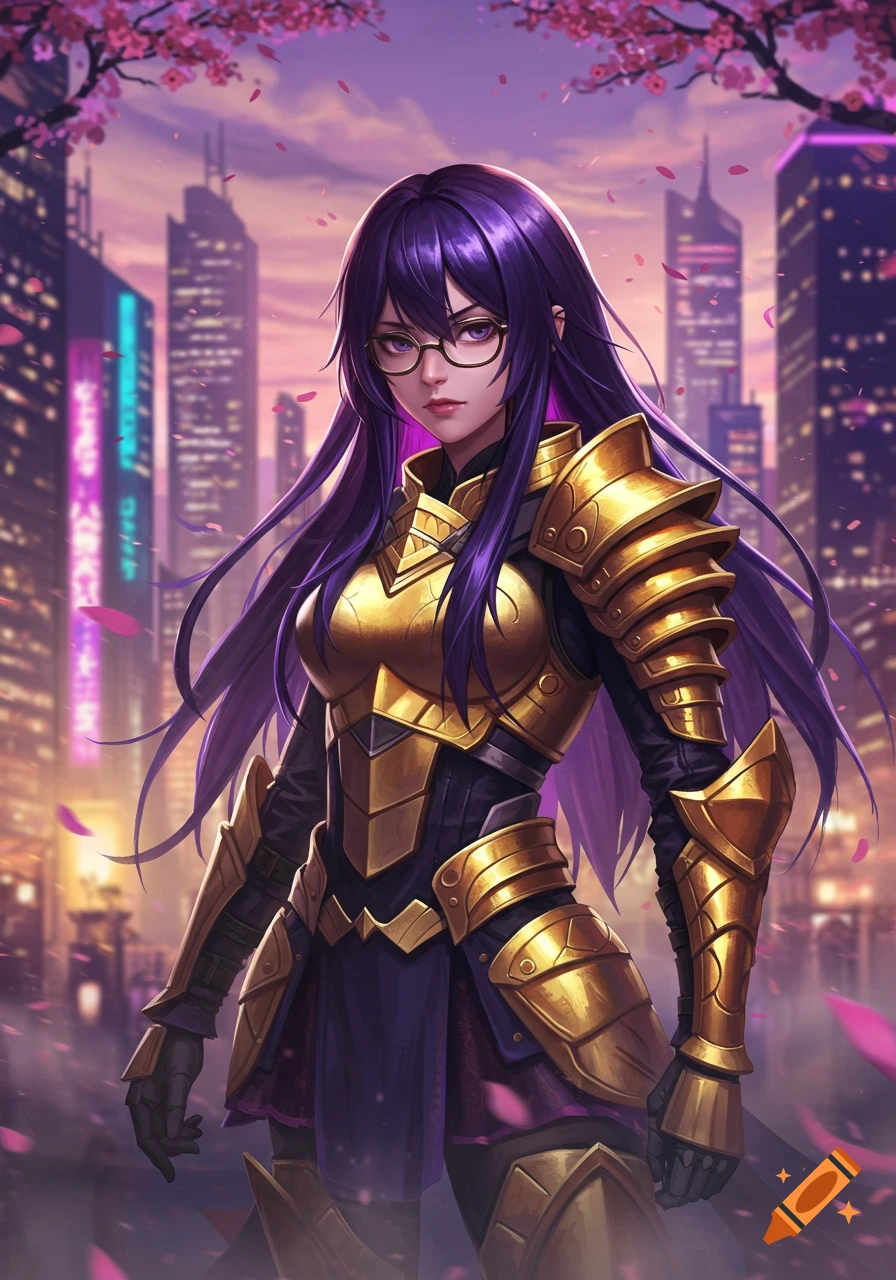 Anime girl with long purple hair and glasses wearing golden armor in a city at dusk with falling cherry blossoms.