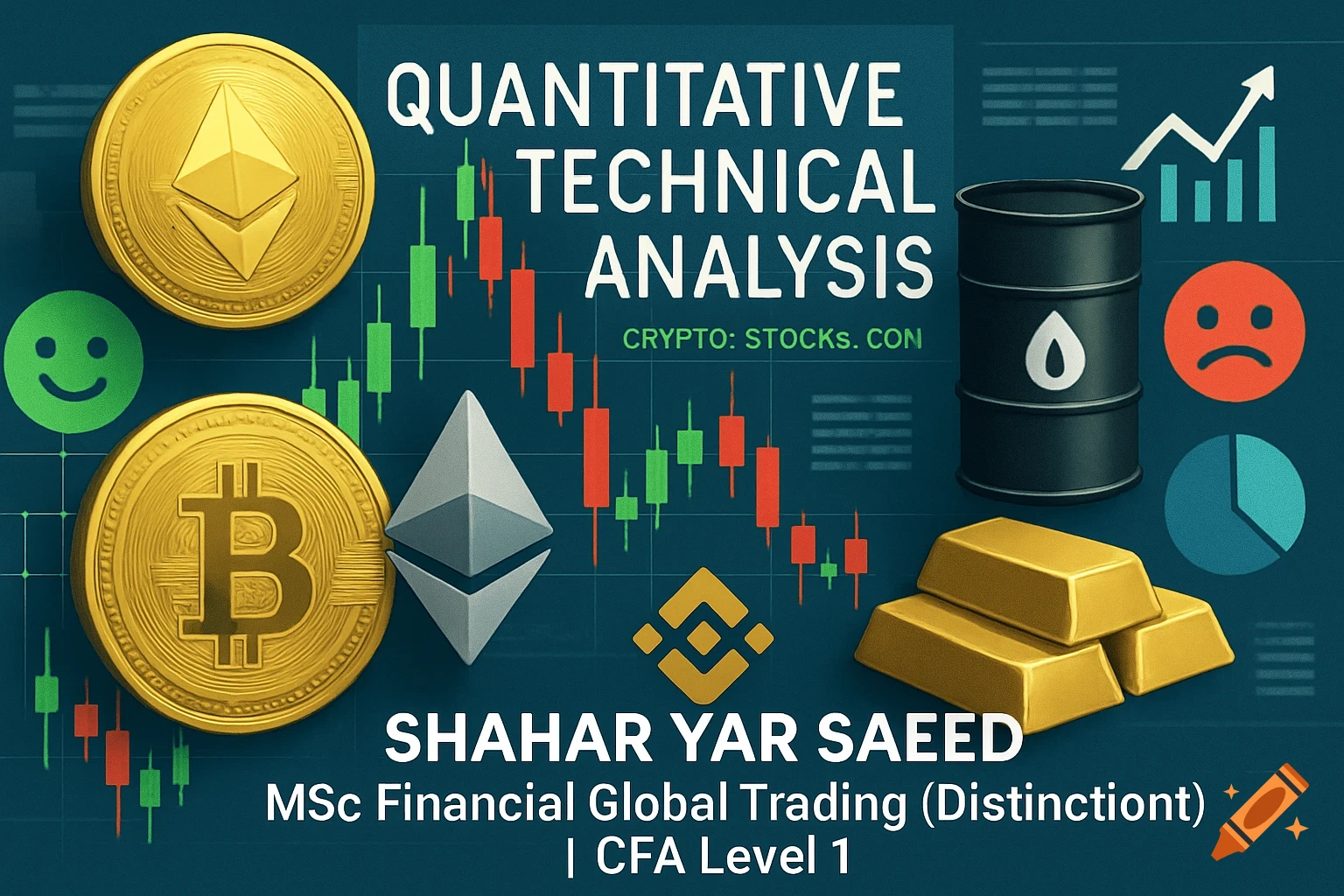 A digital collage featuring Bitcoin and Ethereum coins, gold bars, an oil barrel, and a candlestick chart.