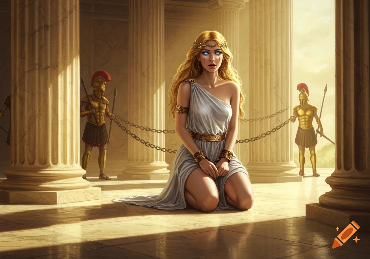 A defeated blond woman in a white ancient Greek dress kneels with cuffed hands, surrounded by columns and two golden armored soldiers in a sunlit temple.
