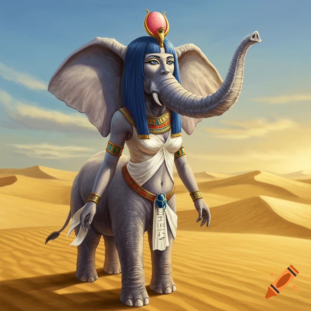 A fantasy elephant-human hybrid with blue hair, Egyptian headdress, and jewelry stands in a desert.