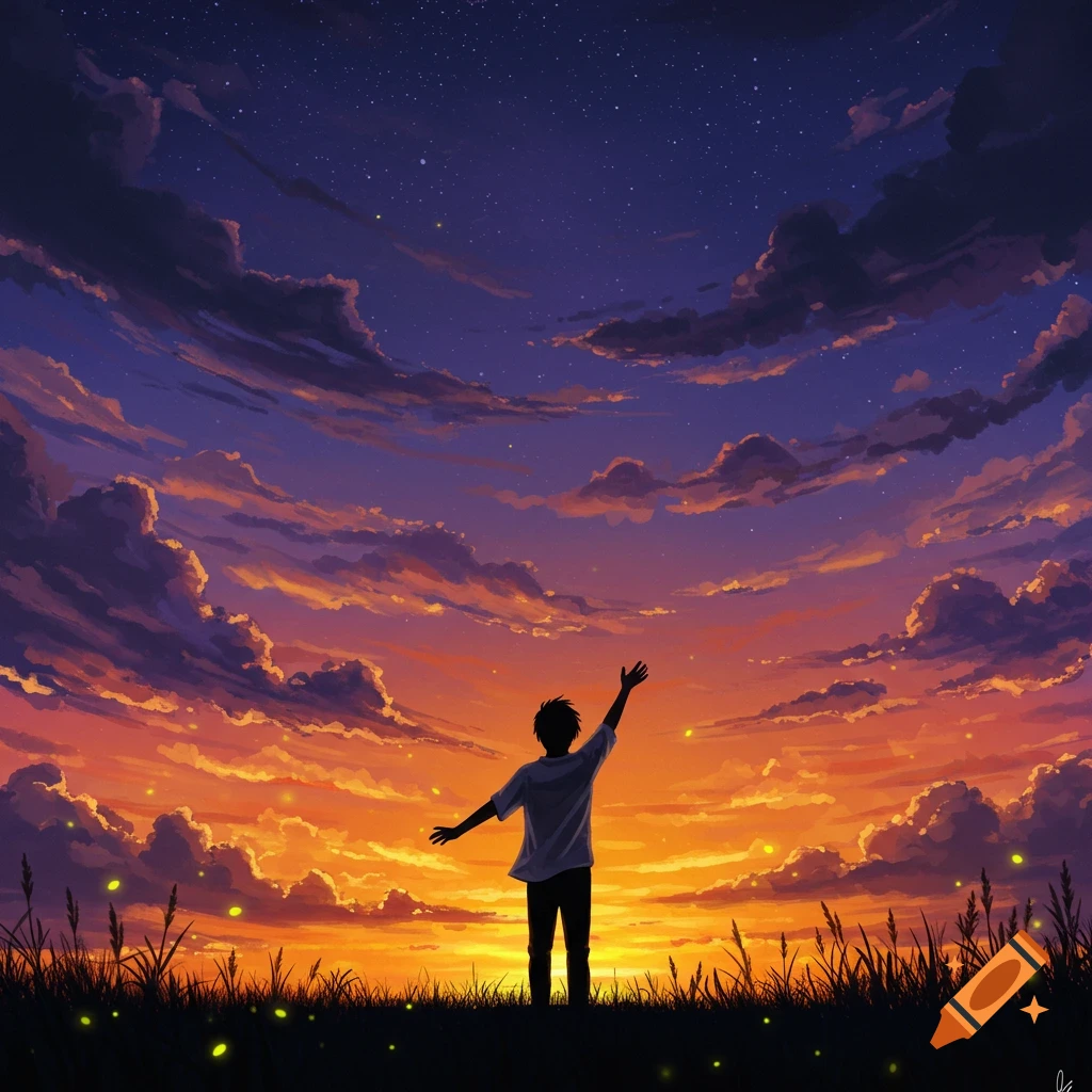 A stylized image of a person silhouetted against a vibrant orange and purple sunset sky, reaching up, with fireflies in the grass.