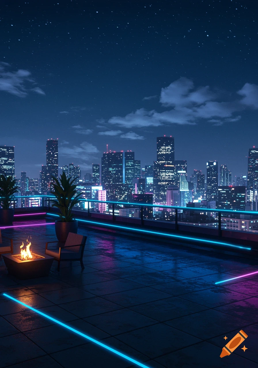 A dark city rooftop at night with neon blue and pink lights, a fire pit, and a skyline view.