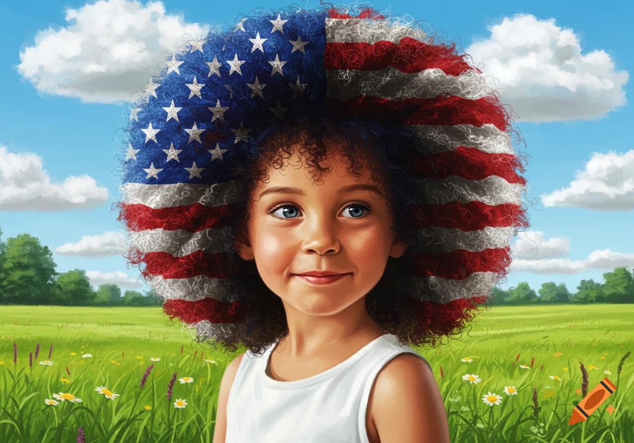 A smiling young girl with an American flag afro stands in a vibrant green field under a blue sky.