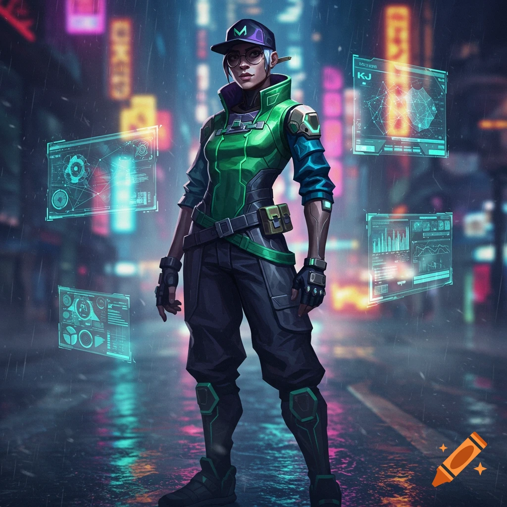A cyberpunk-style illustration of a female character, Kj from Valorant, in a green jacket and cap, standing in a rainy city with floating holographic displays.
