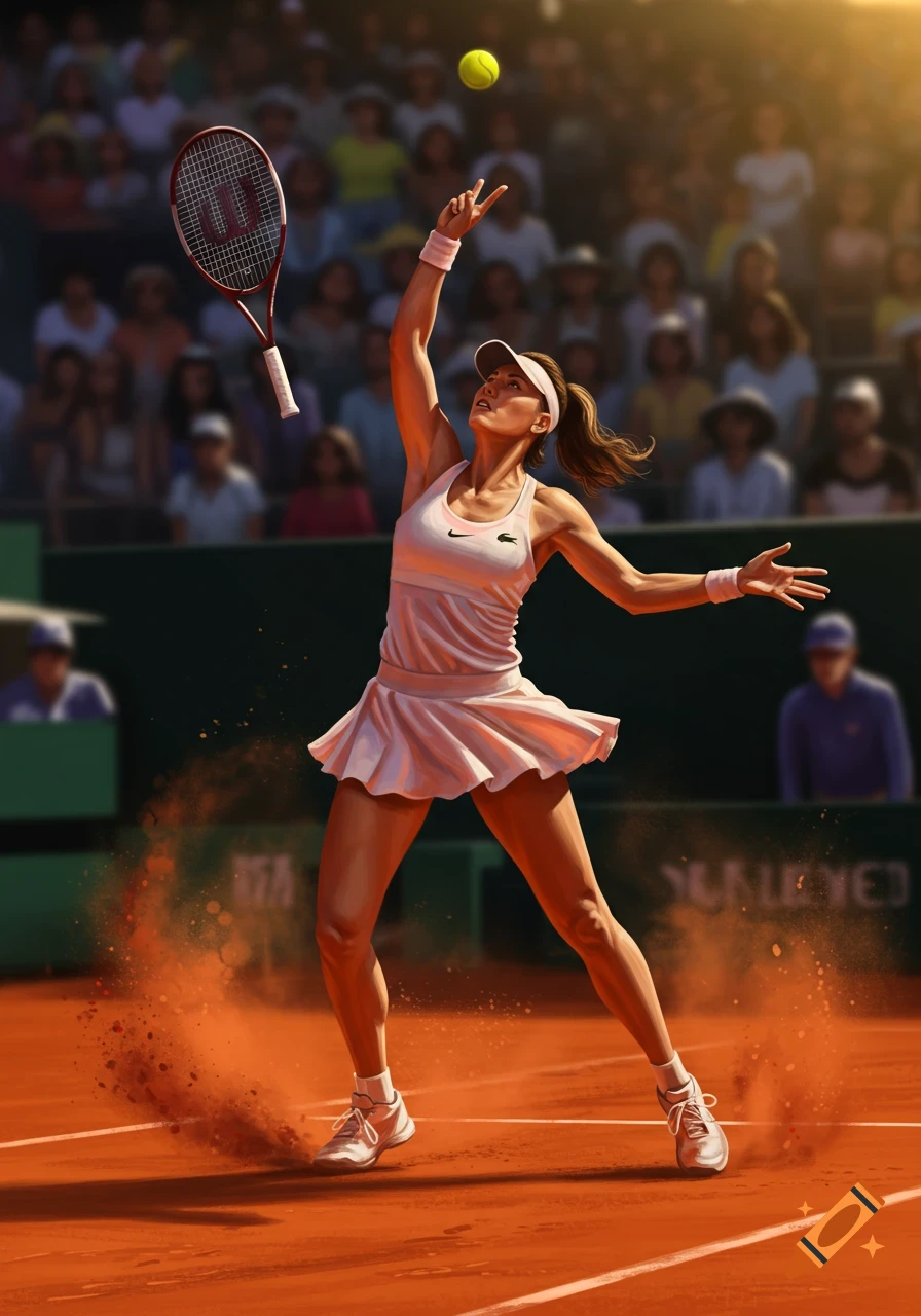 A female tennis player in a white outfit serves on a clay court, kicking up red dust. Spectators are blurred in the background.