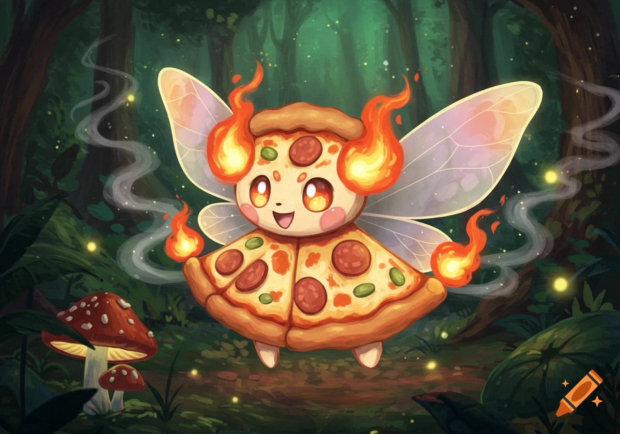 A cute, cartoon-style pizza fairy creature with fiery elements and translucent wings floats in a magical forest with glowing lights and mushrooms.