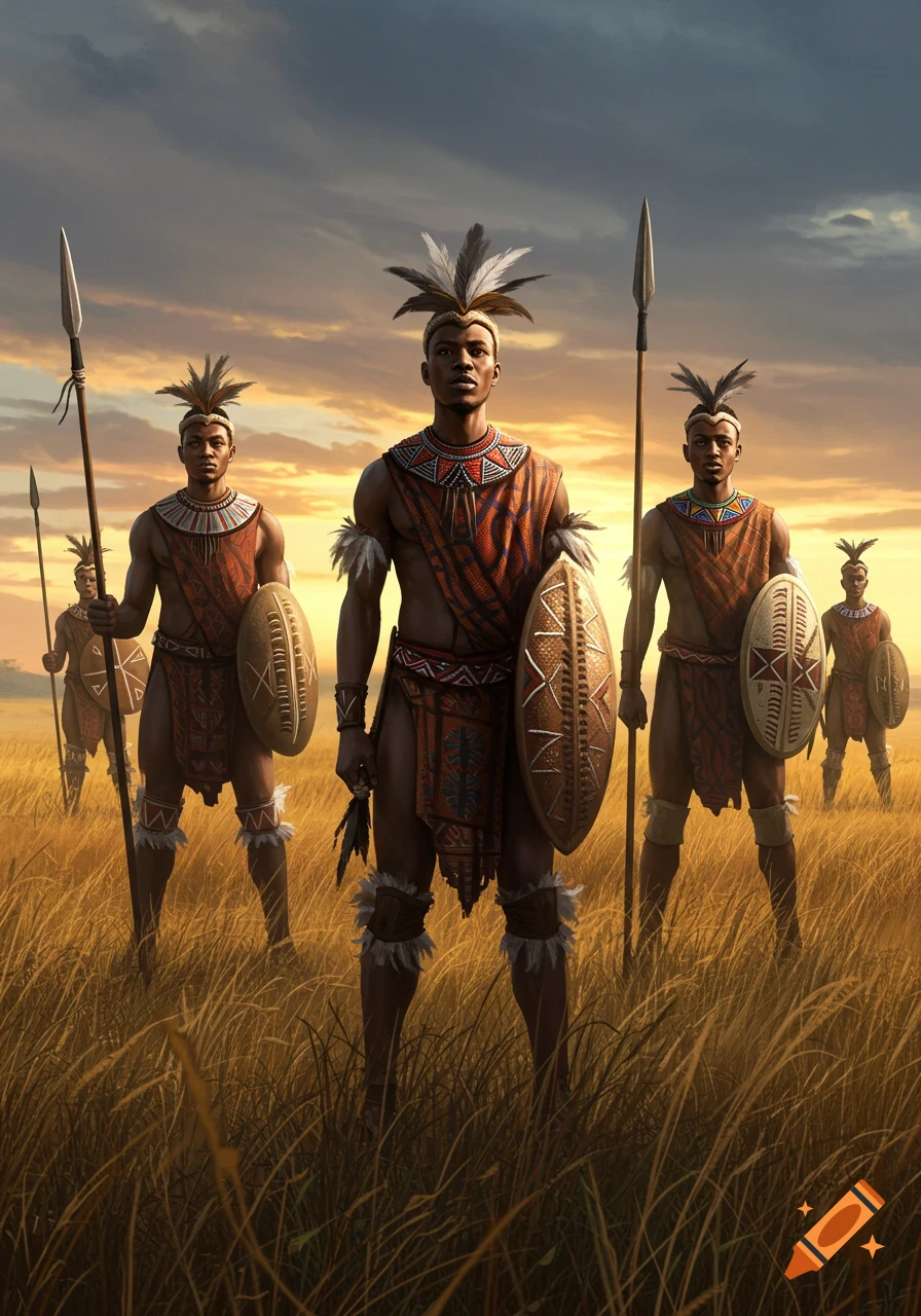 Five African warriors with spears and shields in traditional attire stand in a savanna at sunset.