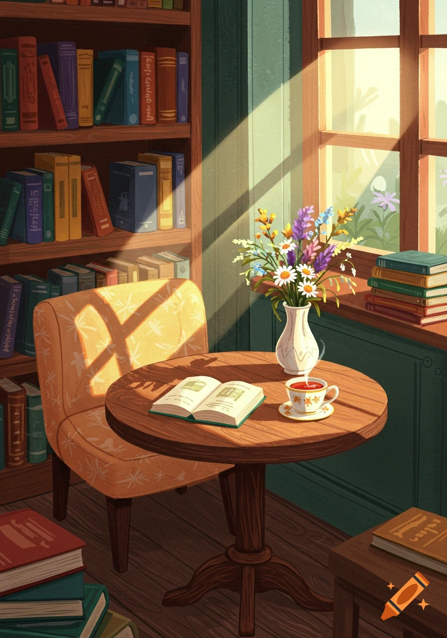 A cozy reading nook with sunlight, bookshelves, an open book, teacup, and wildflowers on a table, in a warm illustrated style.