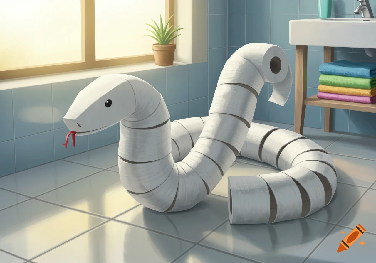 An illustrated toilet paper snake with a red tongue on a tiled bathroom floor, with a window and sink in the background.