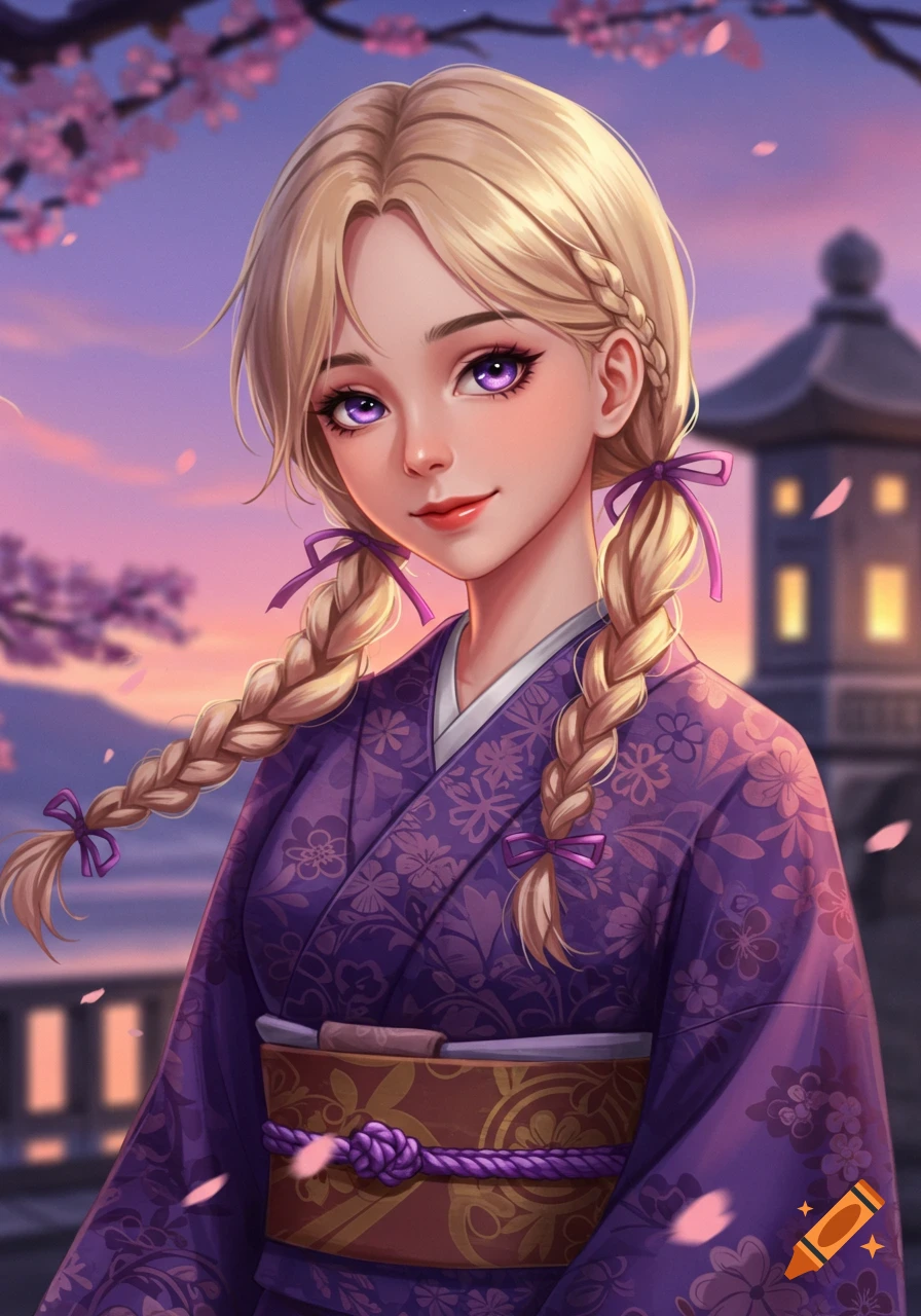 Anime woman with blonde braids and purple eyes, wearing a purple kimono, standing among cherry blossoms at sunset.