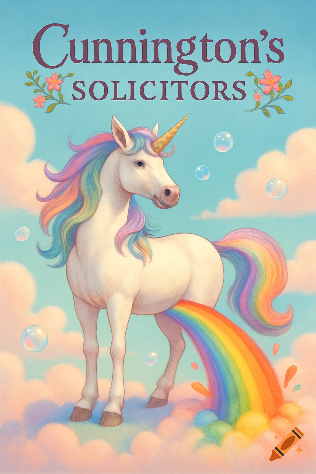 A whimsical illustration of a unicorn with rainbow mane standing on clouds, farting a rainbow. Text 'Cunnington's SOLICITORS' is at the top.