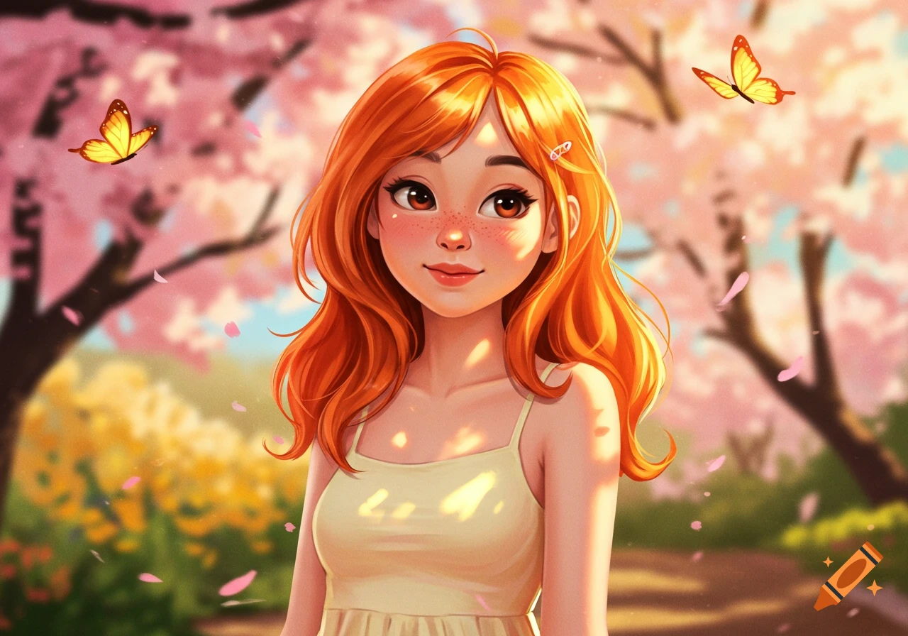 A smiling anime girl with long orange hair stands in a vibrant spring garden with pink cherry blossoms and yellow butterflies. Illustration.