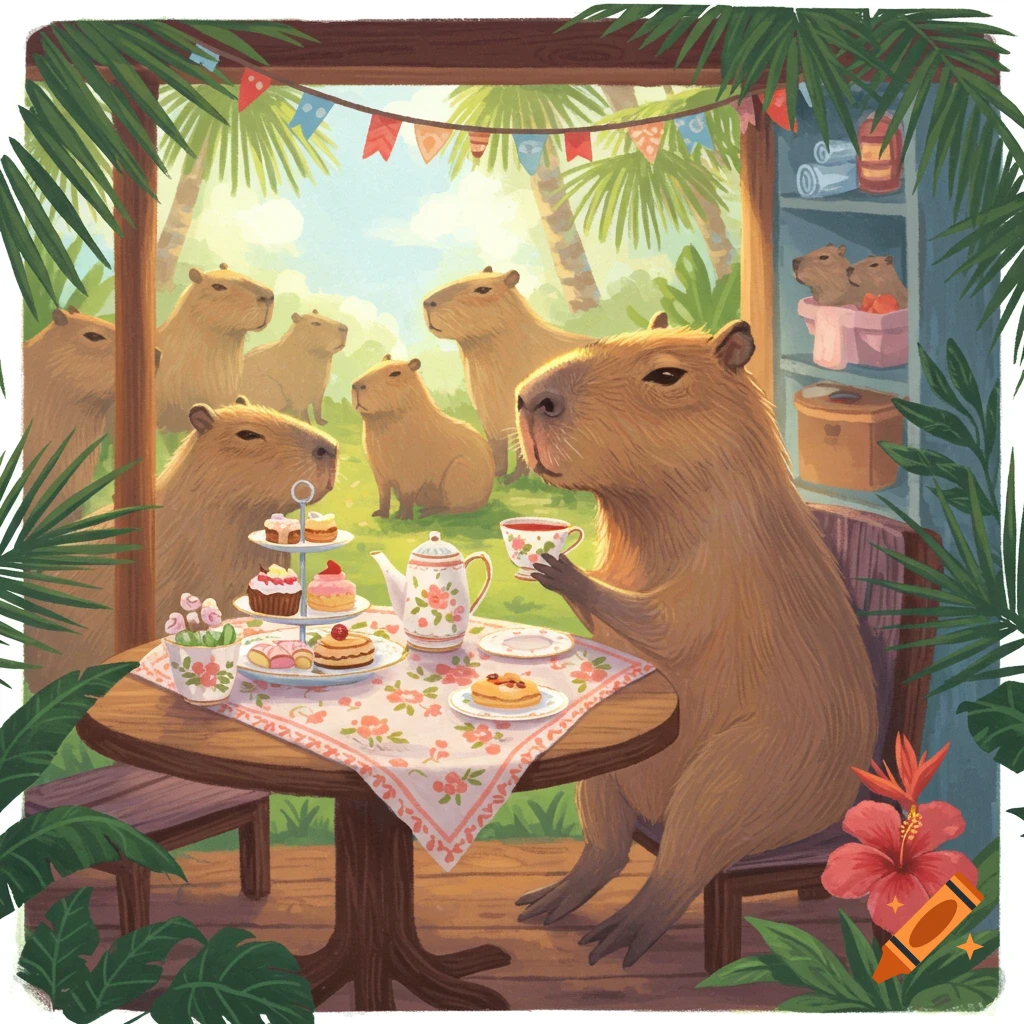 An illustration of several capybaras having a tea party in a tropical outdoor setting, with one capybara sitting at a table holding a teacup.