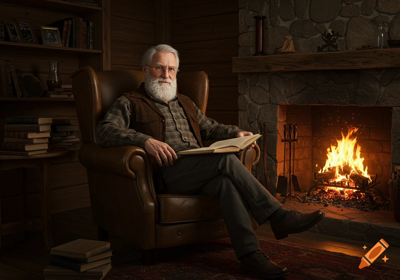 An elderly man with a white beard and glasses sits in a leather armchair reading a book by a stone fireplace with a roaring fire in a cozy, wood-paneled room.