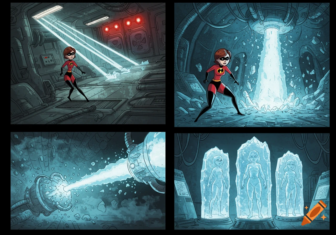 Four comic book panels show Elastigirl navigating a futuristic lair, dodging an ice laser, and finally frozen in ice alongside other heroines.