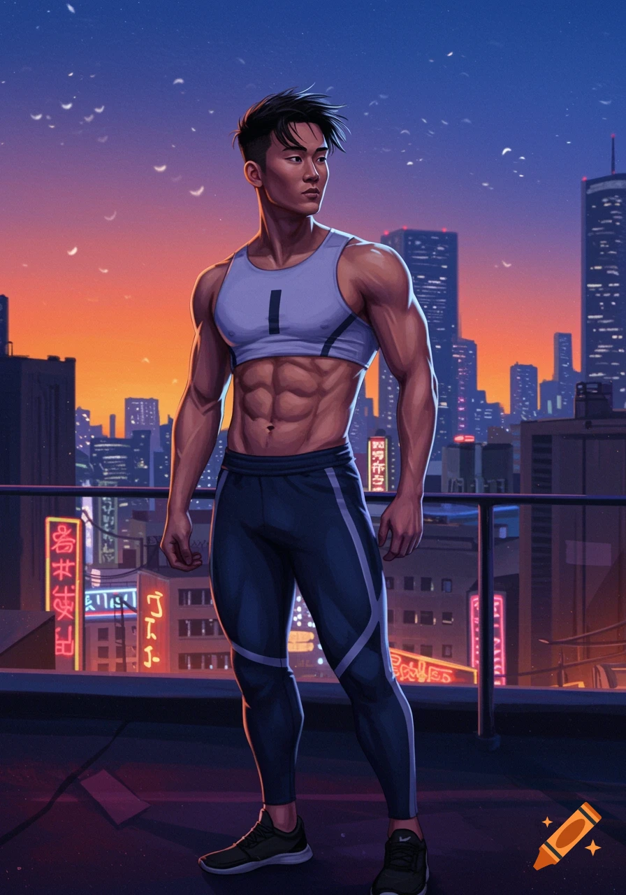 A muscular Asian man in a crop top and athletic pants stands on a rooftop at sunset, with a city skyline in the background, in an anime art style.