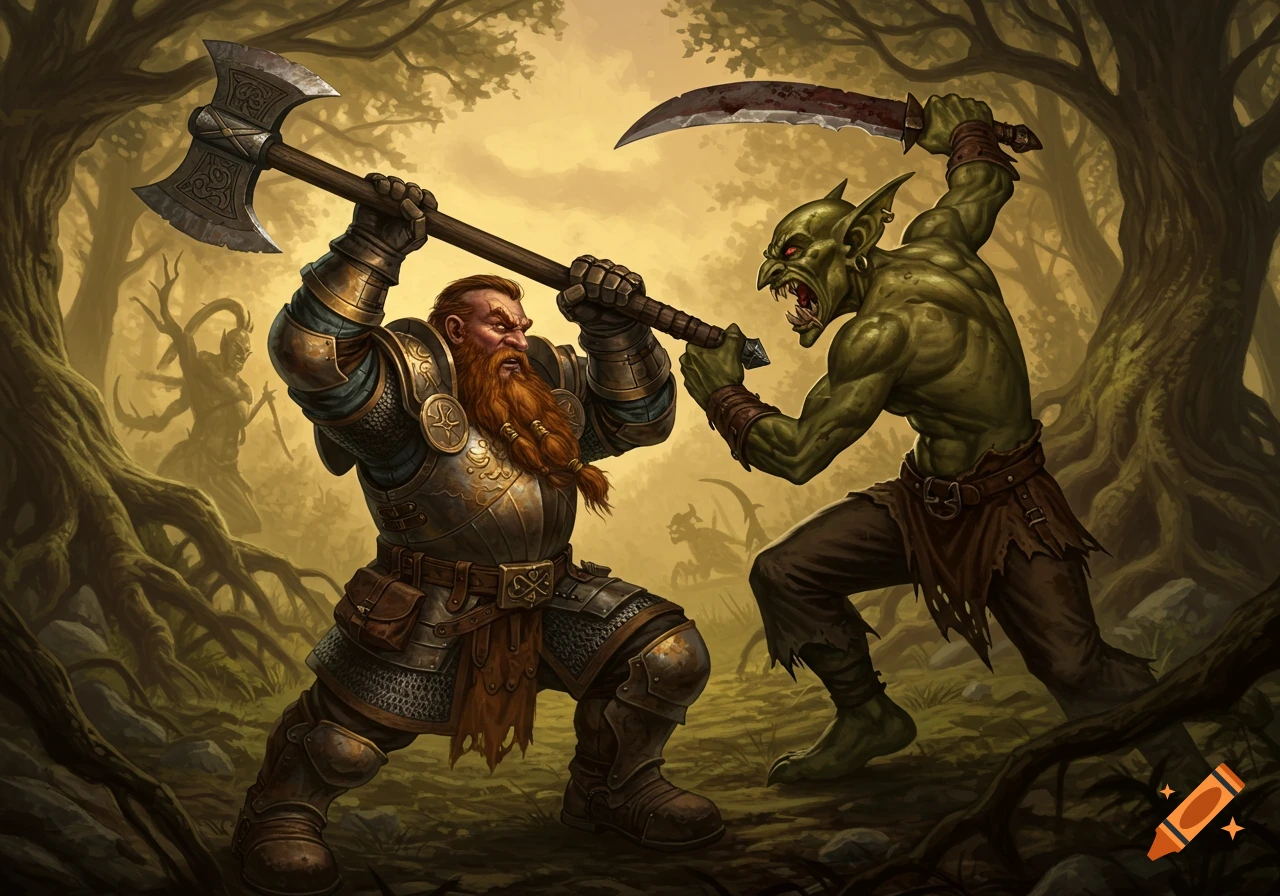 Fantasy art of a dwarf in armor raising an axe against a green goblin with a bloody sword in a forest setting.