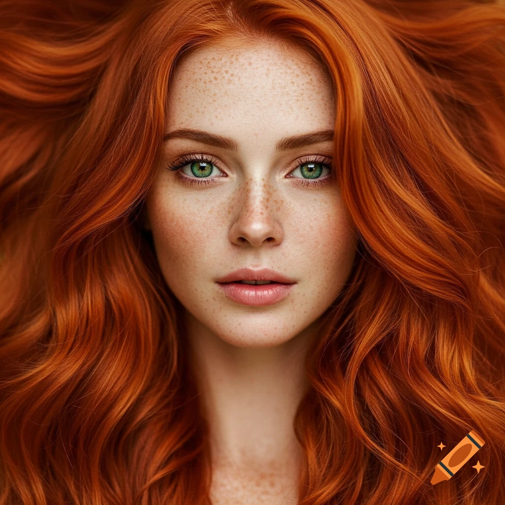 Close-up photorealistic portrait of a woman with vibrant red hair, green eyes, and light freckles.